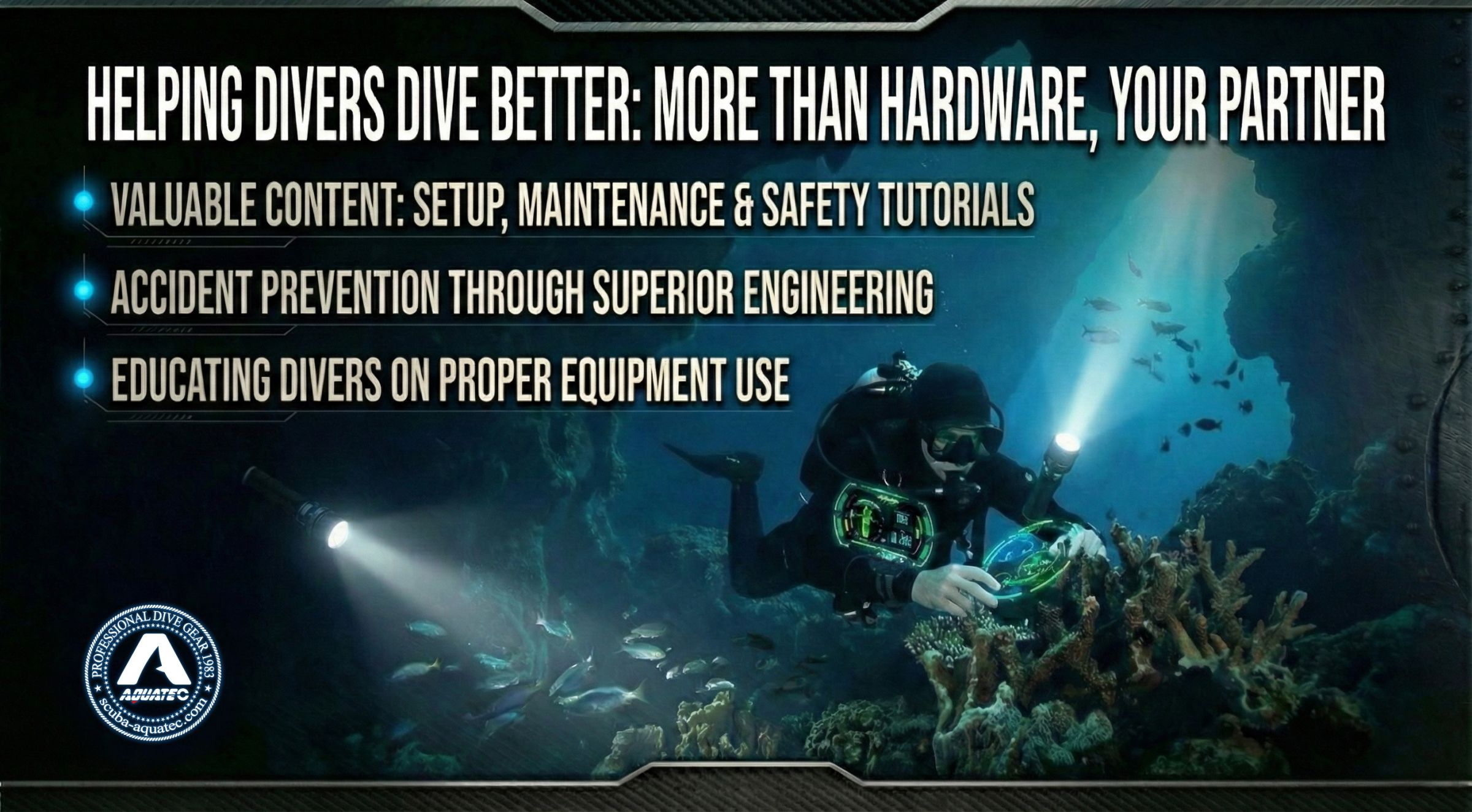 Scuba-Aquatec Pomoc potápěčům lépe se potápět Plakát Scuba-Aquatec Pomoc potápěčům lépe se potápět ukazující vzdělávací podporu.