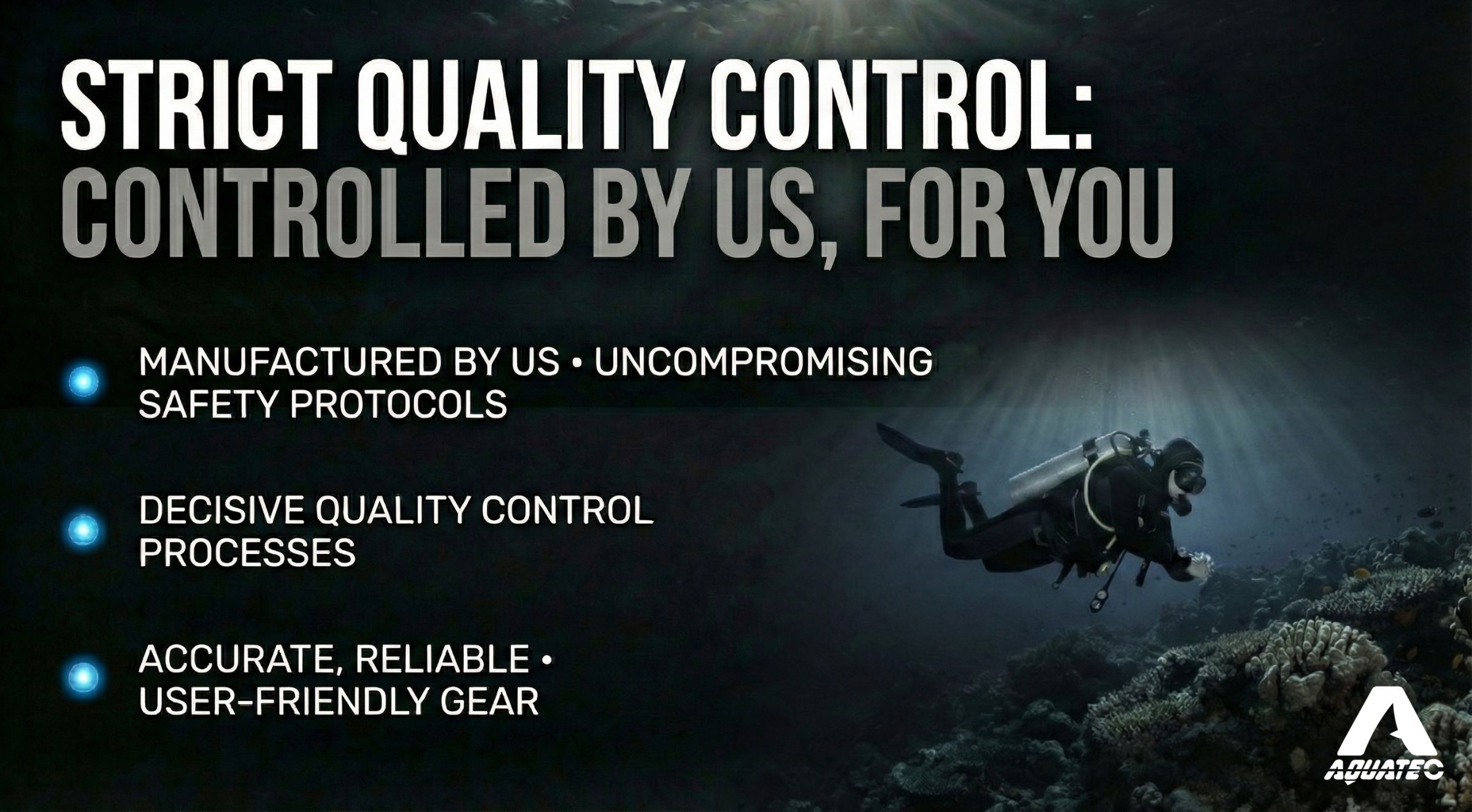 Scuba-Aquatec přísná kontrola kvality Plakát Scuba-Aquatec s přísnou kontrolou kvality zdůrazňující bezpečnostní protokoly.