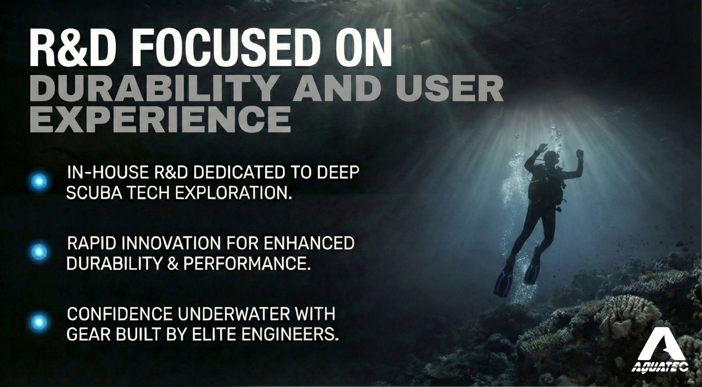 Scuba-Aquatec R&D zaměřený na trvanlivost Plakát Scuba-Aquatec Výzkum a vývoj zaměřený na odolnost zdůrazňující inovace.