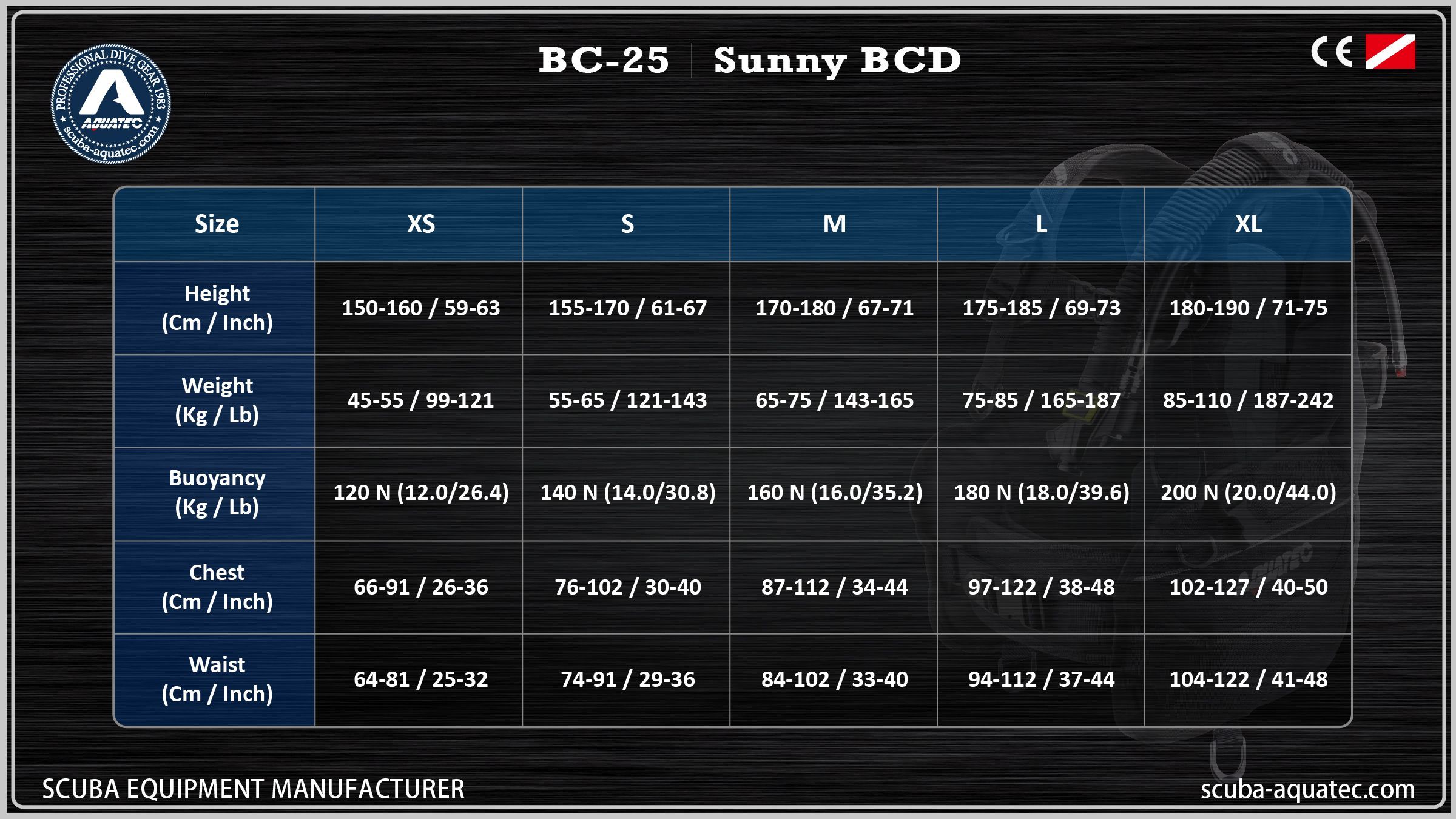 BC-25 Aquatec potápěčský tréninkový BCD velikostní formulář